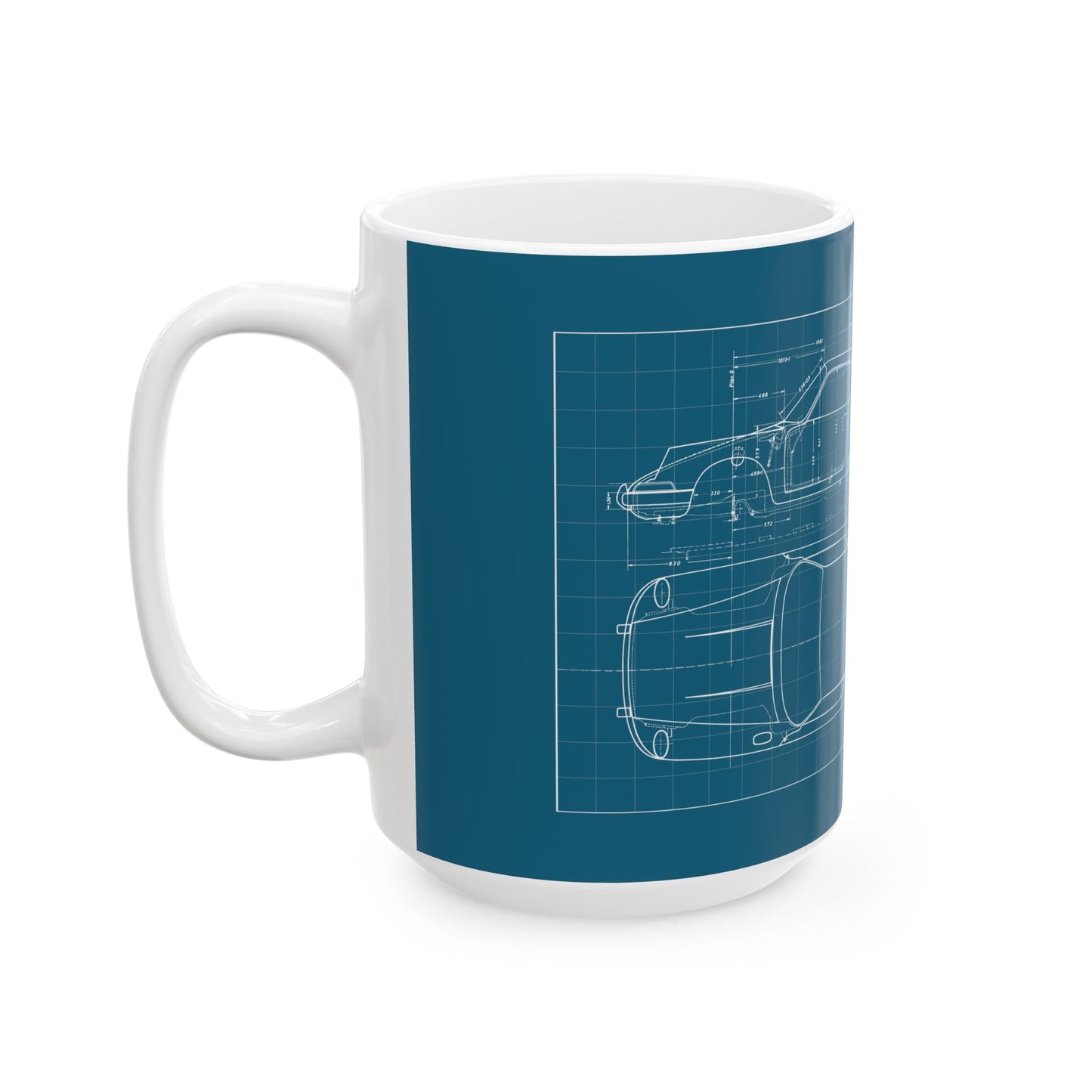 Blueprint Car Sketch Ceramic Mug — Classic Automotive Blueprint Coffee Cup (11oz/15oz)