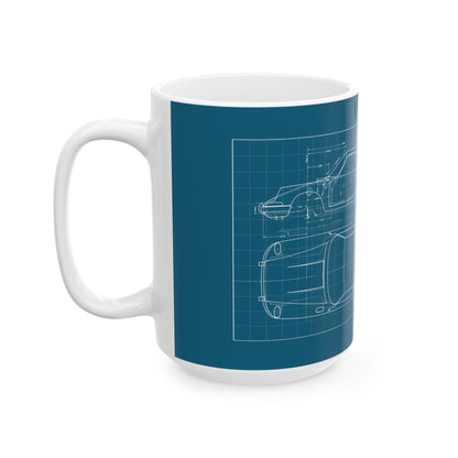 Blueprint Car Sketch Ceramic Mug — Classic Automotive Blueprint Coffee Cup (11oz/15oz)