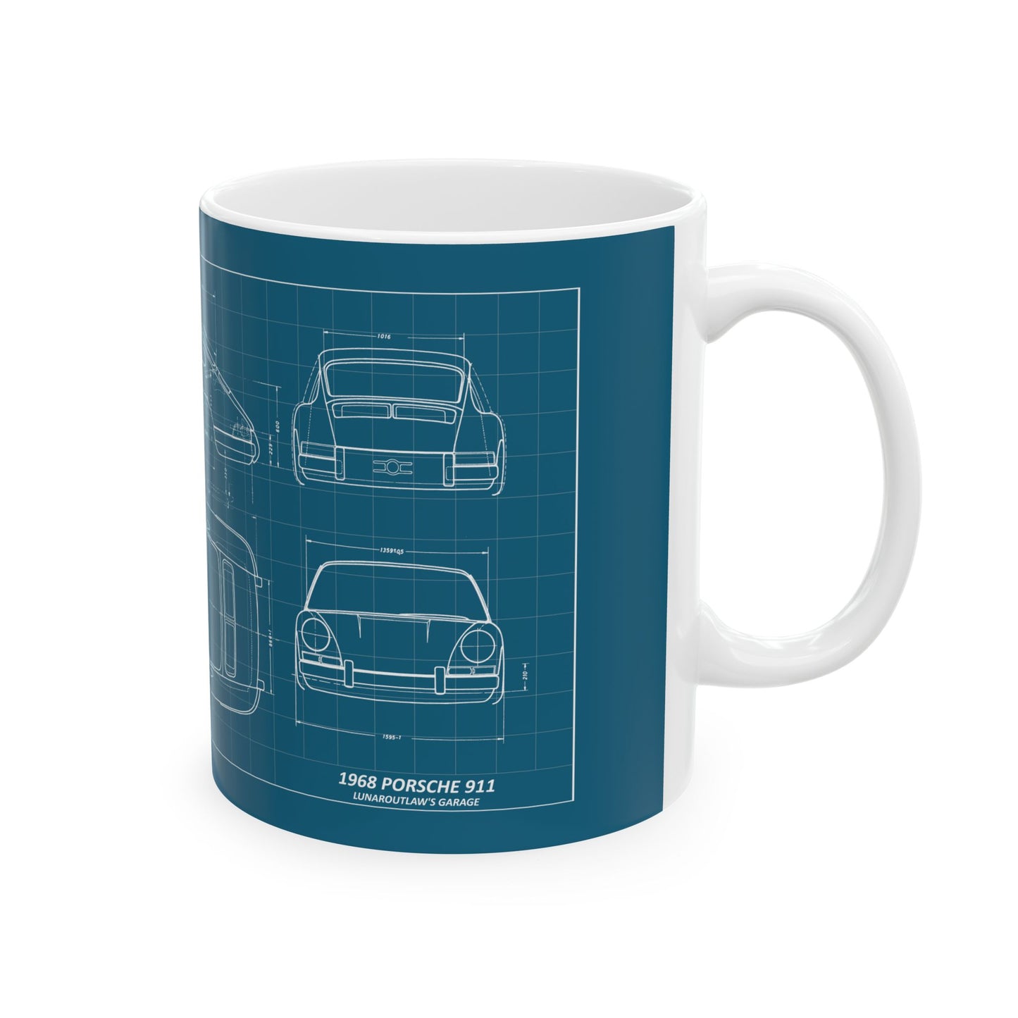 Blueprint Car Mug — Vintage Sports Car Technical Drawing Ceramic Coffee Cup