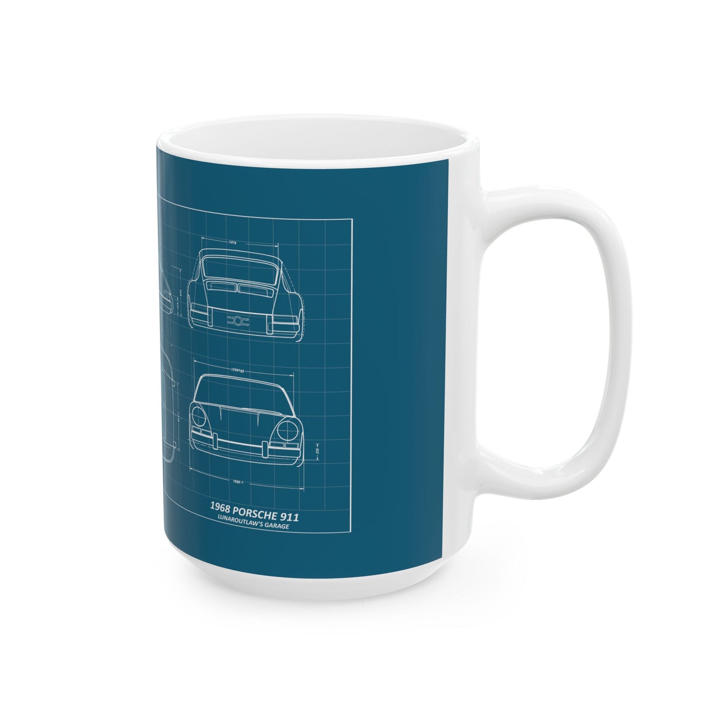 Blueprint Car Sketch Ceramic Mug — Classic Automotive Blueprint Coffee Cup (11oz/15oz)