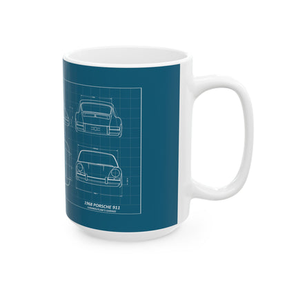 Blueprint Car Sketch Ceramic Mug — Classic Automotive Blueprint Coffee Cup (11oz/15oz)