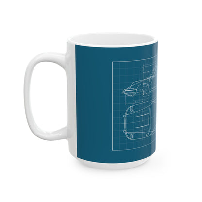 Blueprint Car Mug — Vintage Sports Car Technical Drawing Ceramic Coffee Cup
