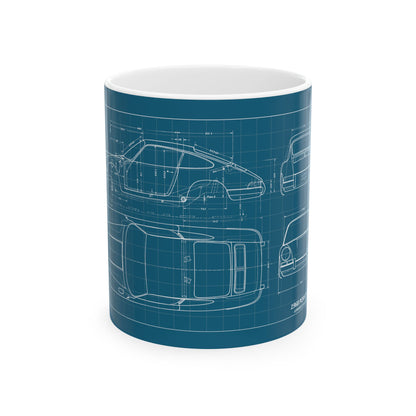 Blueprint Car Sketch Ceramic Mug — Classic Automotive Blueprint Coffee Cup (11oz/15oz)