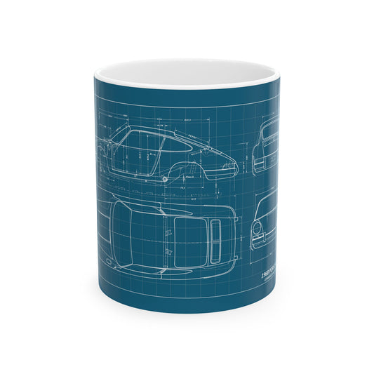 Blueprint Car Sketch Ceramic Mug — Classic Automotive Blueprint Coffee Cup (11oz/15oz)