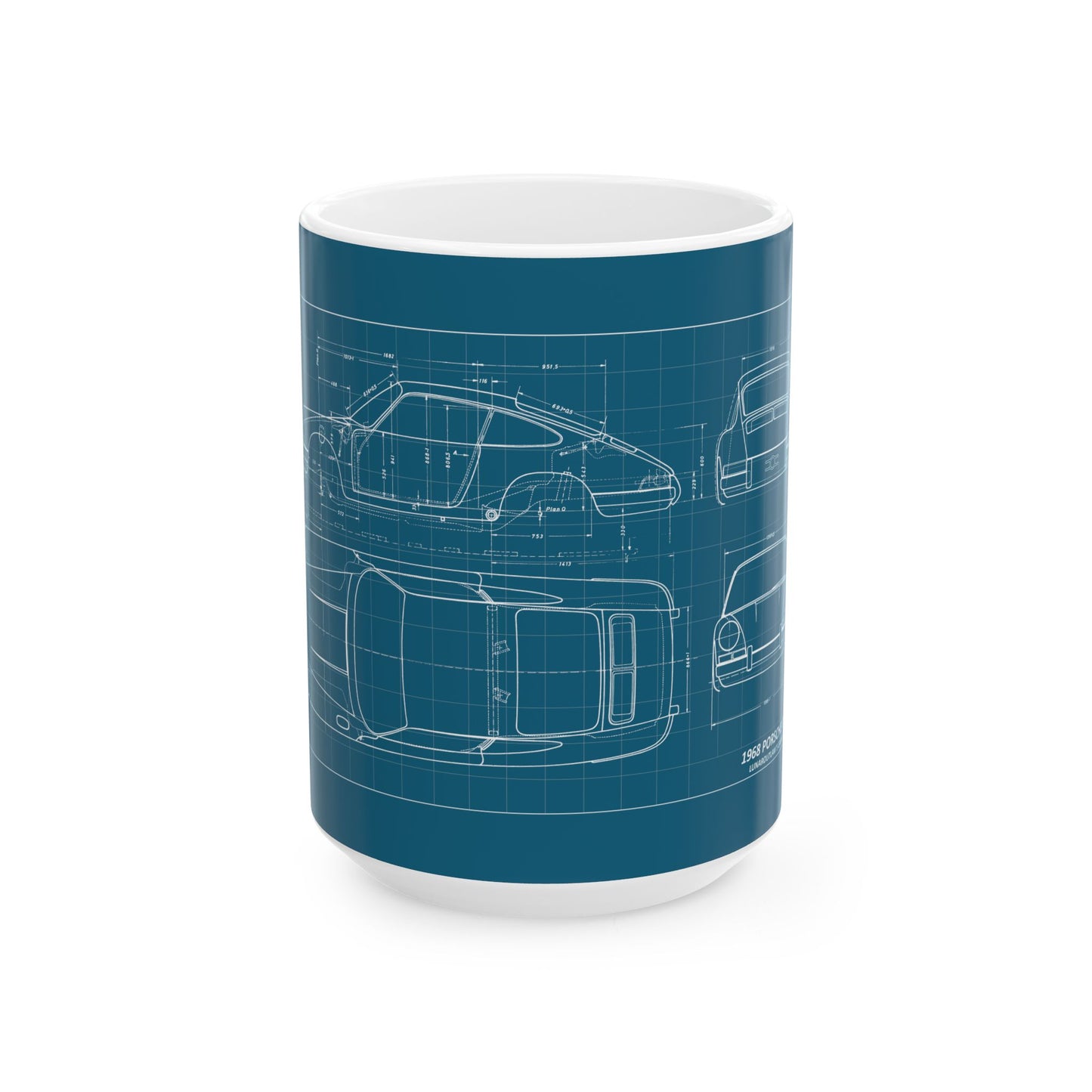 Blueprint Car Sketch Ceramic Mug — Classic Automotive Blueprint Coffee Cup (11oz/15oz)