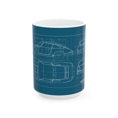 Blueprint Car Sketch Ceramic Mug — Classic Automotive Blueprint Coffee Cup (11oz/15oz)