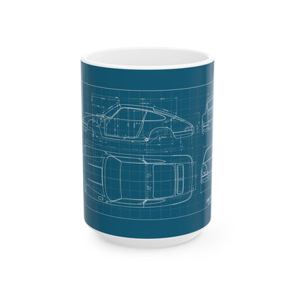 Blueprint Car Mug — Vintage Sports Car Technical Drawing Ceramic Coffee Cup